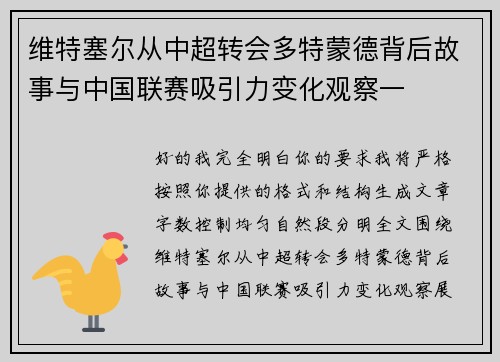 维特塞尔从中超转会多特蒙德背后故事与中国联赛吸引力变化观察一