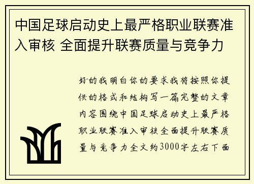中国足球启动史上最严格职业联赛准入审核 全面提升联赛质量与竞争力