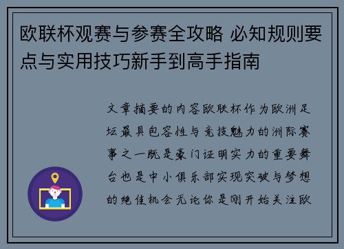 欧联杯观赛与参赛全攻略 必知规则要点与实用技巧新手到高手指南